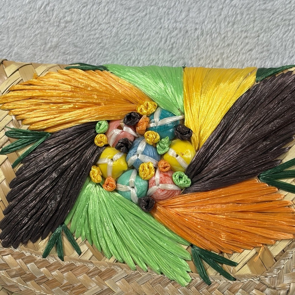 Vintage Woven Straw Envelope Clutch Colorful Raffia Tassel Beaded Boho Bag - Picture 2 of 9